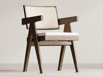 Minimalist Wooden Armchair With Woven Backrest Natural Wood Frame And Padded Seat 3d model