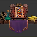Decorative Household Items With Scrolls Bottles Candles And Gem Frame On Purple Cloth