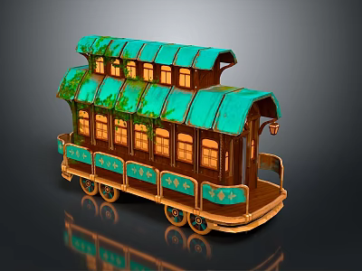 Vintage Tram Model With Green Roof Wooden Structure Decorative Windows And Wheels 3d model