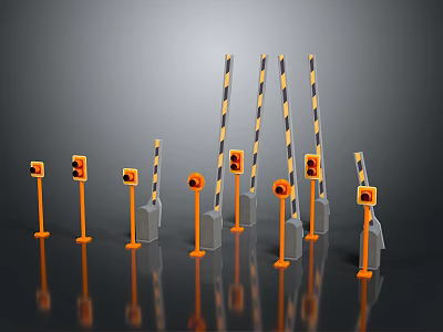 Traffic Safety Equipment With Orange Lights And Striped Barriers In Various Sizes 3d model