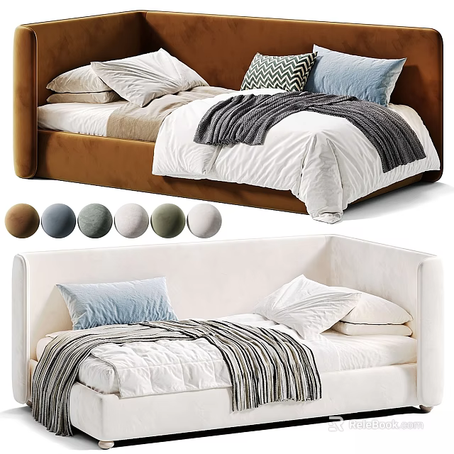 Modern Upholstered Kids Bed With Soft Headboard Multiple Color Options Cozy Pillows And Blanket 3d model 