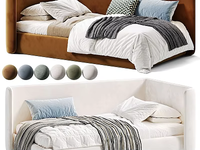 Modern Upholstered Kids Bed With Soft Headboard Multiple Color Options Cozy Pillows And Blanket 3d model