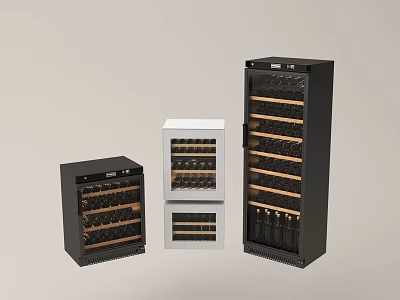 Modern Wine Coolers in Black and White with Glass Doors and Wooden Racks 3d model