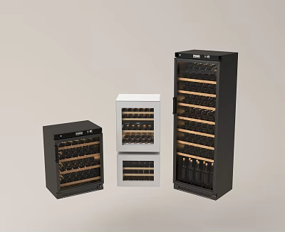 Modern Wine Coolers in Black and White with Glass Doors and Wooden Racks 3d model