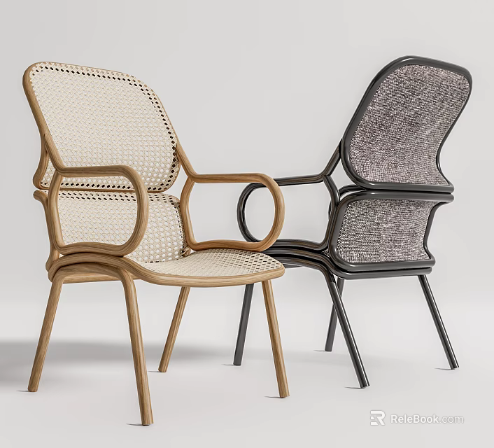 Modern Light And Dark Leisure Chairs With Woven Seats And Curved Armrests Design 3d model 
