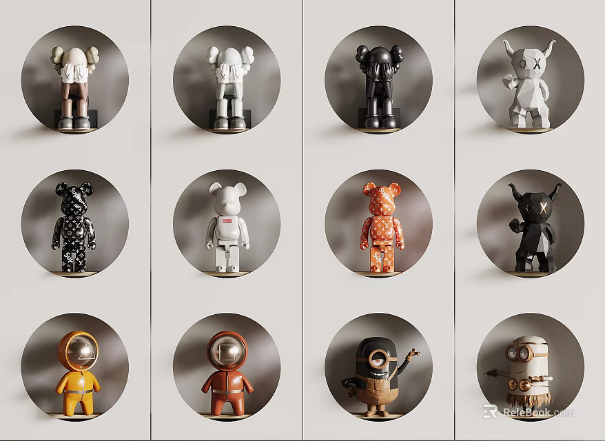 Colorful Decorative Dolls on Round Backgrounds with Various Cartoon Designs 3d model