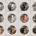 Colorful Decorative Dolls on Round Backgrounds with Various Cartoon Designs 3d model