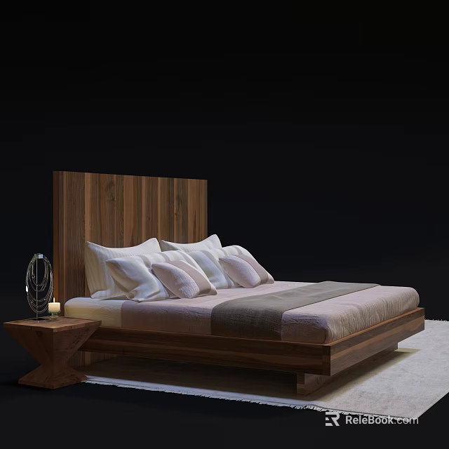 Modern Double Bed with Wooden Headboard White Pink Pillows Grey Blanket Wooden Nightstand Lamp Candle 3d model 