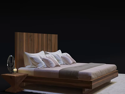 Modern Double Bed with Wooden Headboard White Pink Pillows Grey Blanket Wooden Nightstand Lamp Candle 3d model
