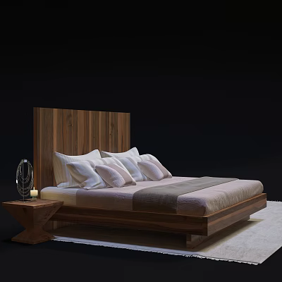 Modern Double Bed with Wooden Headboard White Pink Pillows Grey Blanket Wooden Nightstand Lamp Candle 3d model
