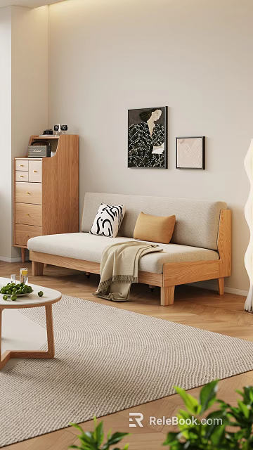 Two Seater Beige Sofa With Wooden Frame Black White Brown Pillows Throw Blanket And Wooden Floor 3d model 