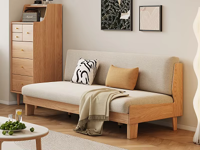 Two Seater Beige Sofa With Wooden Frame Black White Brown Pillows Throw Blanket And Wooden Floor 3d model