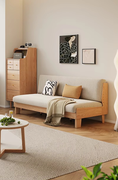 Two Seater Beige Sofa With Wooden Frame Black White Brown Pillows Throw Blanket And Wooden Floor 3d model