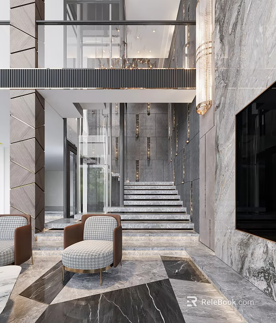 Modern Duplex Living Room Interior With Marble Staircase Sofa And Chandelier 3d model 