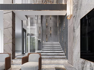 Modern Duplex Living Room Interior With Marble Staircase Sofa And Chandelier 3d model