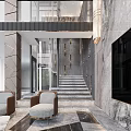 Modern Duplex Living Room Interior With Marble Staircase Sofa And Chandelier