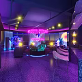 Stylish Bar Interior With Neon Lighting Purple Hue Sofa Area Plants Large Windows Night View