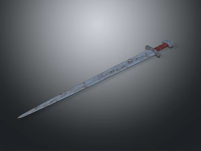 Ancient Sword With Intricate Engravings Red Hilt And Rustic Metallic Surface 3d model