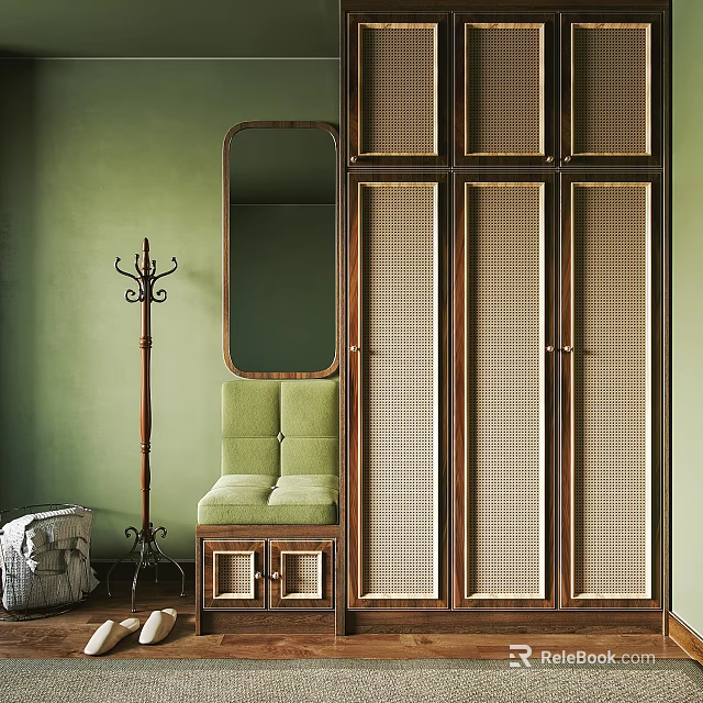 Wooden Shoe Cabinet with Rattan Doors Green Wall Mirror Coat Rack and Green Bench 3d model 
