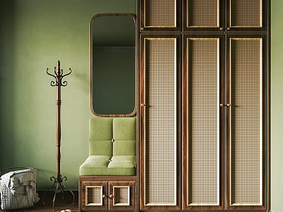 Wooden Shoe Cabinet with Rattan Doors Green Wall Mirror Coat Rack and Green Bench 3d model