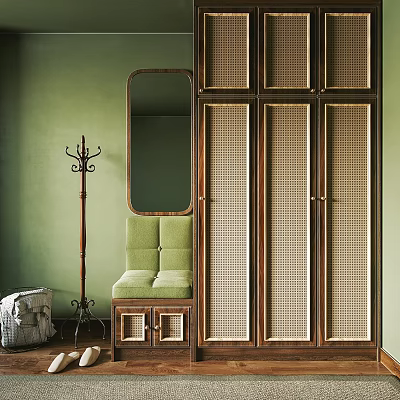 Wooden Shoe Cabinet with Rattan Doors Green Wall Mirror Coat Rack and Green Bench 3d model