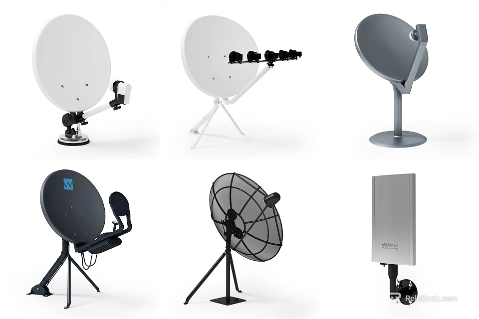 Various Satellite Dishes And Entertainment Electronics With Stands For Home Use 3d model 