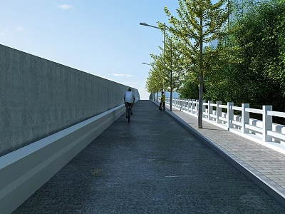 Scenic Bridge with Pedestrian Walkway White Railings Trees Street Lamps and Cyclist 3d model