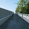 Scenic Bridge with Pedestrian Walkway White Railings Trees Street Lamps and Cyclist