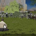 Outdoor Public Workspace With Green Grass Laptop Users Tables Chairs Umbrella Trees And Building Background