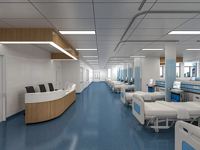 Modern Hospital Ward Interior With Blue Flooring White Beds And Nurse Station 3d model