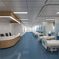 Modern Hospital Ward Interior With Blue Flooring White Beds And Nurse Station