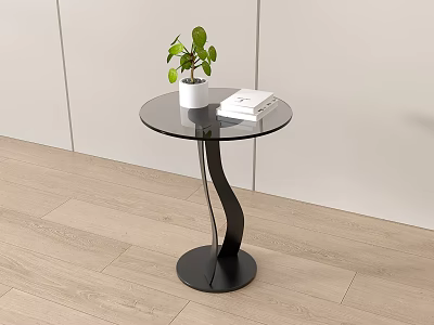 Round Glass Top Coffee Table With Black Curved Base Green Plant And Books On Light Wooden Floor 3d model