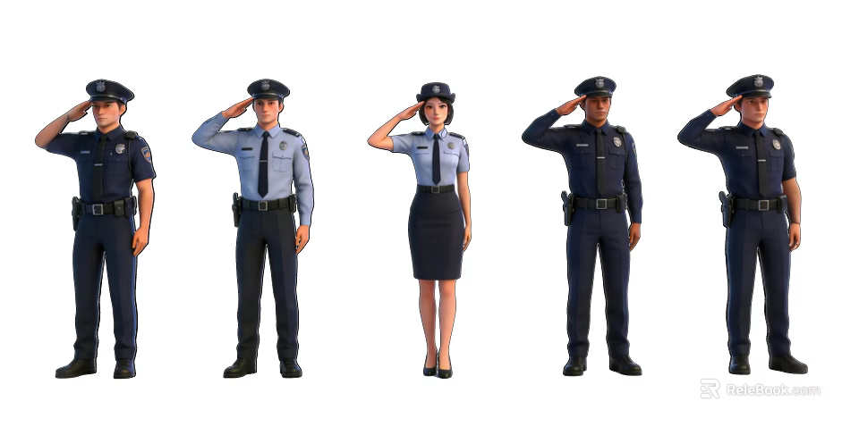 Group of Police Officers Saluting in Uniforms Standing in Formation 3d model 