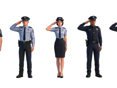 Group of Police Officers Saluting in Uniforms Standing in Formation 3d model