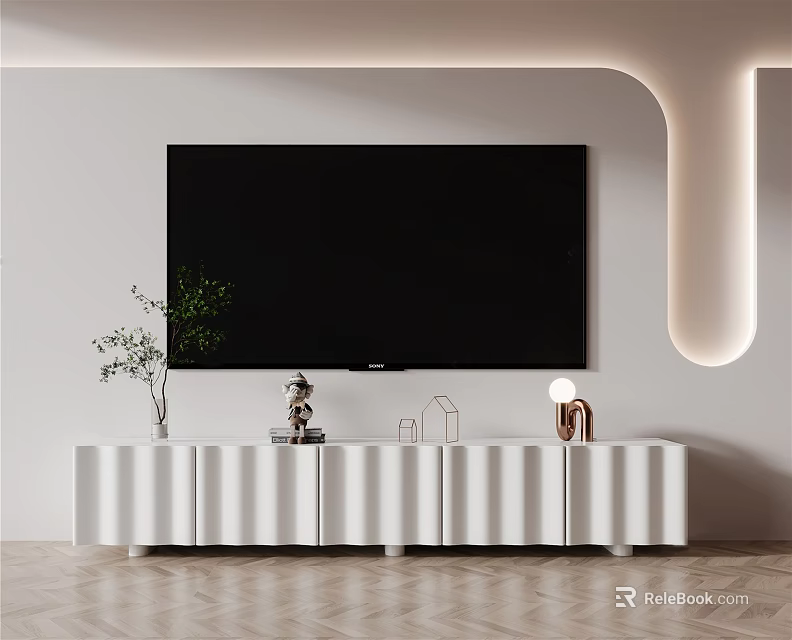 Modern White TV Stand With Flat Screen TV And Decorative Items In Living Room 3d model 