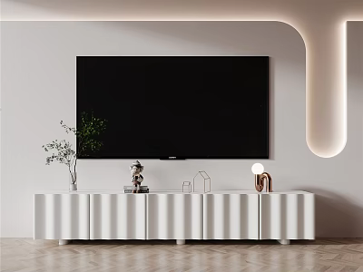 Modern White TV Stand With Flat Screen TV And Decorative Items In Living Room 3d model