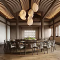 Elegant New Chinese Style Private Dining Booth With Natural Wood Structure And Soft Ambient Lighting