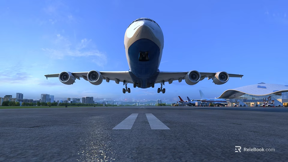 Passenger Airliner Front View On Runway With Four Engines Blue Sky And Airport Terminal 3d model 