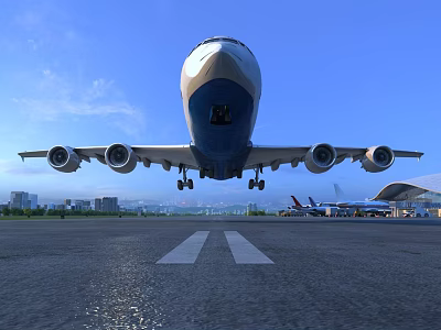 Passenger Airliner Front View On Runway With Four Engines Blue Sky And Airport Terminal 3d model