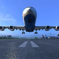 Passenger Airliner Front View On Runway With Four Engines Blue Sky And Airport Terminal