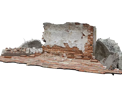 Damaged Building Exterior Wall With Peeling White Paint And Exposed Red Bricks 3d model