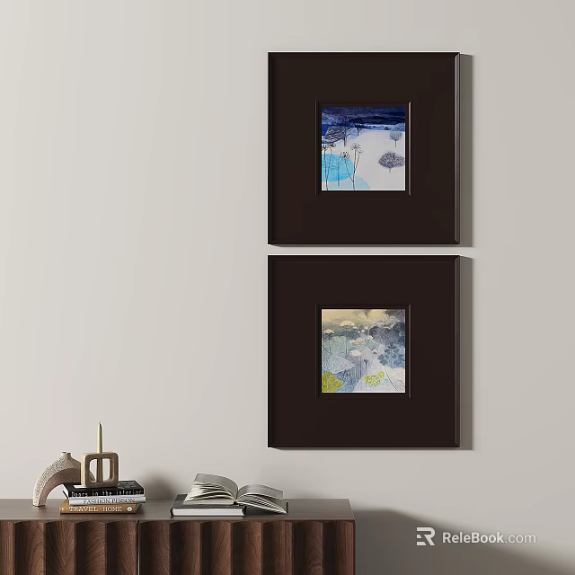 Abstract Paintings Dark Framed Hanging On Wall Blue Yellow Tones Home Interior Decor 3d model 