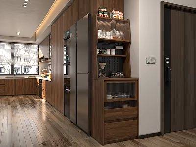 Modern Walnut Wood Side Cabinet With Multi Functional Storage For Cozy Kitchen And Dining Space 3d model