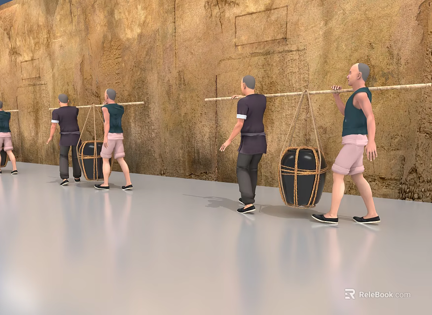 Men Carrying Bamboo Poles With Baskets Walking Along Earthen Wall Background 3d model