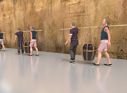 Ancient labor, farmers, hemp rope, labor workers, porters, wine jars, jars, mud walls 3d model