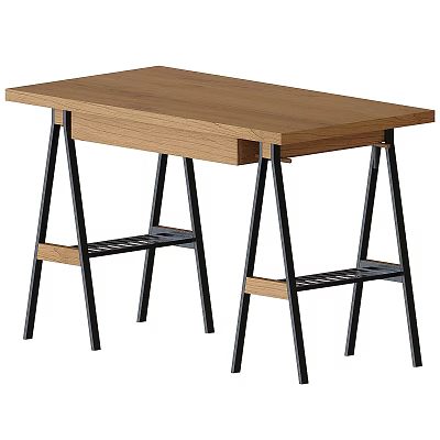 Home Office Modern Wooden Desk With Black Metal Legs Drawer And Shelves 3d model