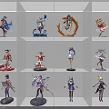 Various Anime Character Figurines Arranged On White Display Shelves Setup 3d model