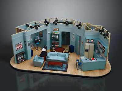 Cozy Cartoon Room Interior With Light Blue Sofa Rug Wooden Floor And Spotlights 3d model