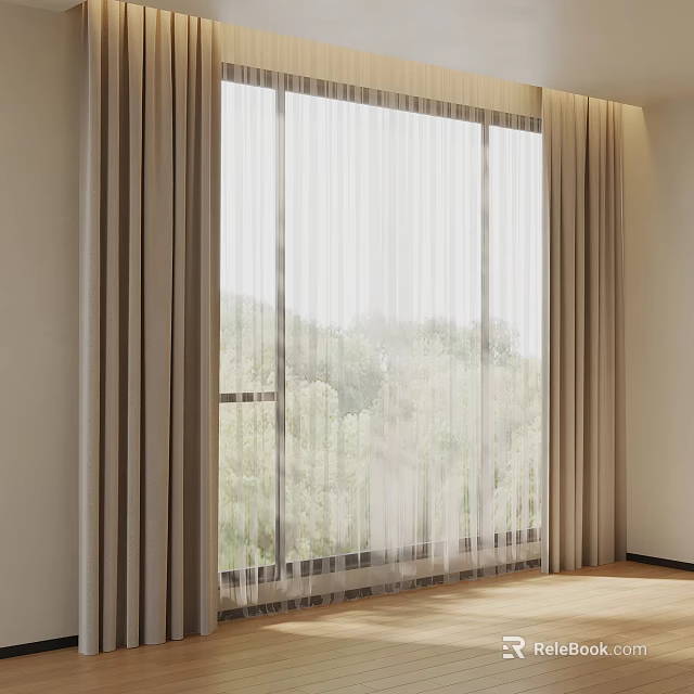 Beige Sheer Curtains For Window With Green Outdoor View And Bright Modern Interior 3d model 