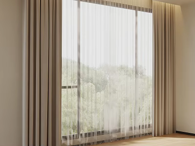 Beige Sheer Curtains For Window With Green Outdoor View And Bright Modern Interior 3d model